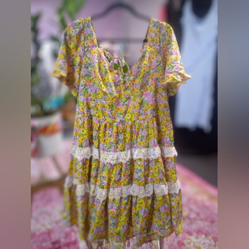 Floral Lace Trim Yellow White Green Cap Sleeve Ruffle Dress 3XL